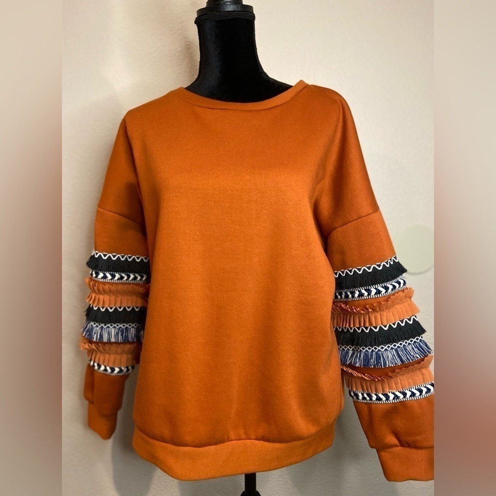 AndTheWhy~Boho Vibe Burnt Orange Sweatshirt~Fringe & Trim Detail Sleeves~Size M